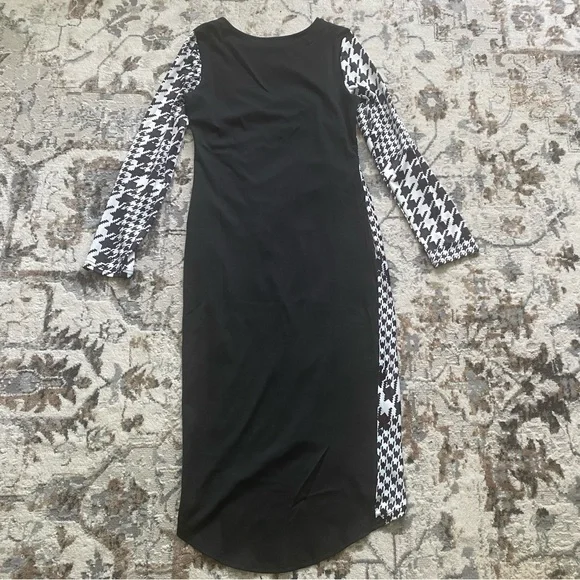 New Houndstooth Print Long Sleeve Bodycon Asymmetrical Colorblock Midi Dress NWT - Picture 12 of 16